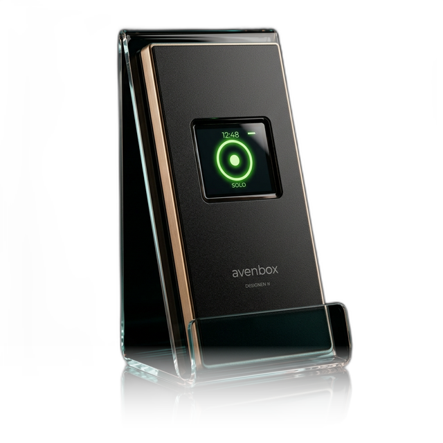 AvenBox Sovereign AI device on stand (Enhanced, No BG, No Reflection Masked)